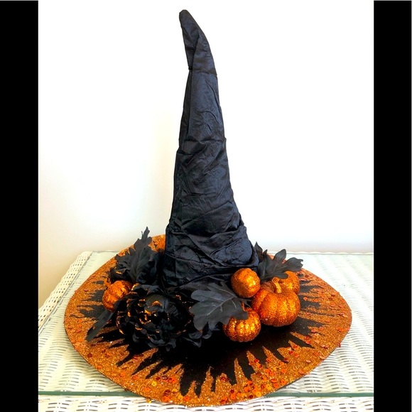 1 of Pumpkin patch witch hat Orange sparkles top & under brim black leaves 18"h - Picture 16 of 16